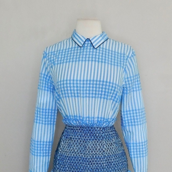 NWT!! GANNI Charron Smocked Gingham Dress Ruffle Peter Pan Mini Embroidered 36 4 - Picture 4 of 16